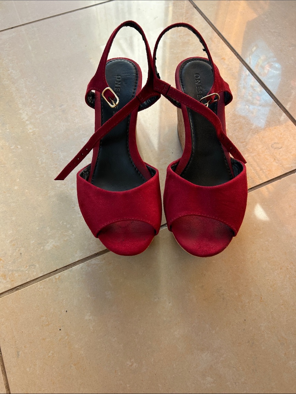 Burgundy Open-Toe Slingback Wedge Sandals